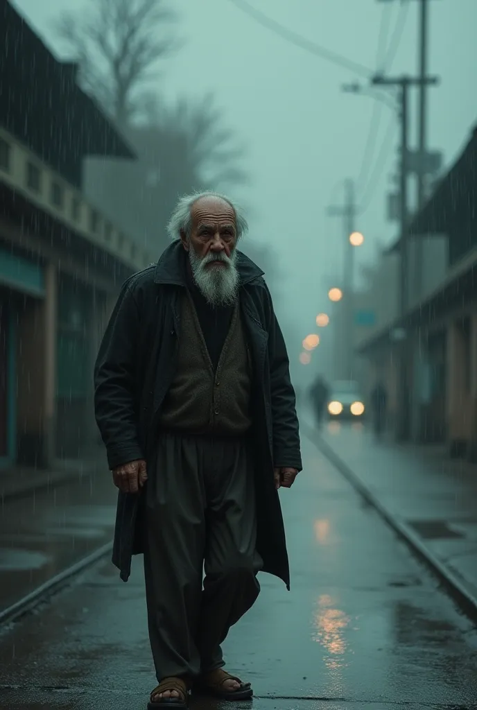 An old man walks alone in the rain