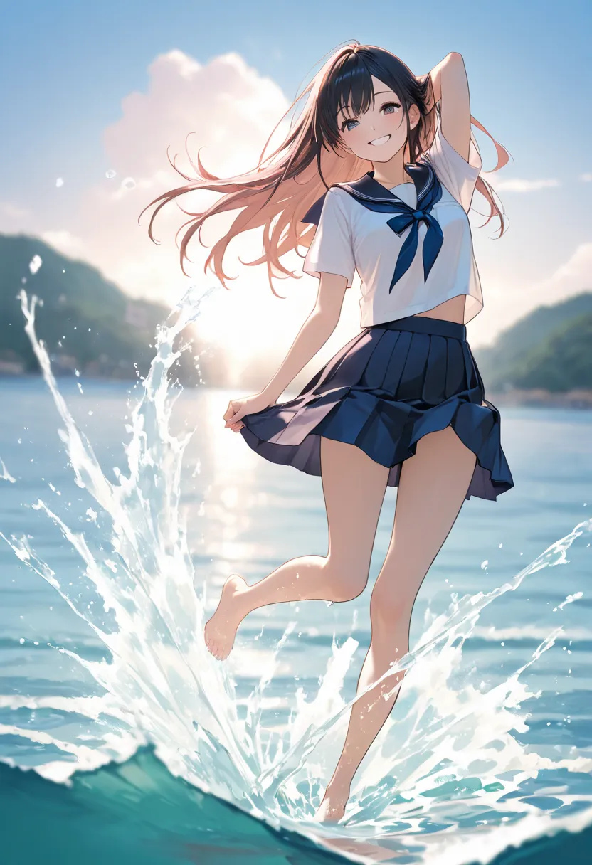 school_uniform, skirt, barefoot, long_hair, 1girl, smile, splashing, serafuku, arm_behind_head, pleated_skirt