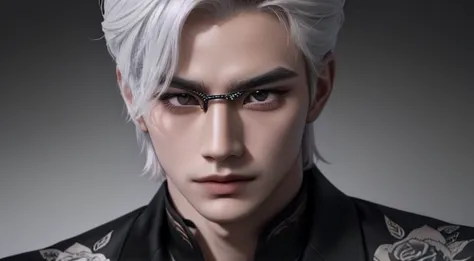 man,exposed forehead hairstyle,white hair,hot,  handsome, chinese guy,asian, ultra-detailed,hyper details,cinematic light, solo,stand,white studio,black-and-white-filter,closeup,front,looking at viewer from front,manhwa-style,unbutton-shirt,tattoo on the n...