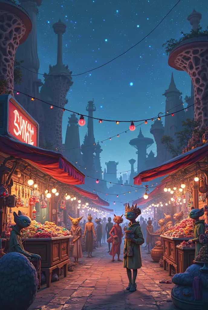 Alien theme Black market in alien planet with cute pixar disney style the color mood should be night black marketplace a fews alien are selling things pixar disney style 