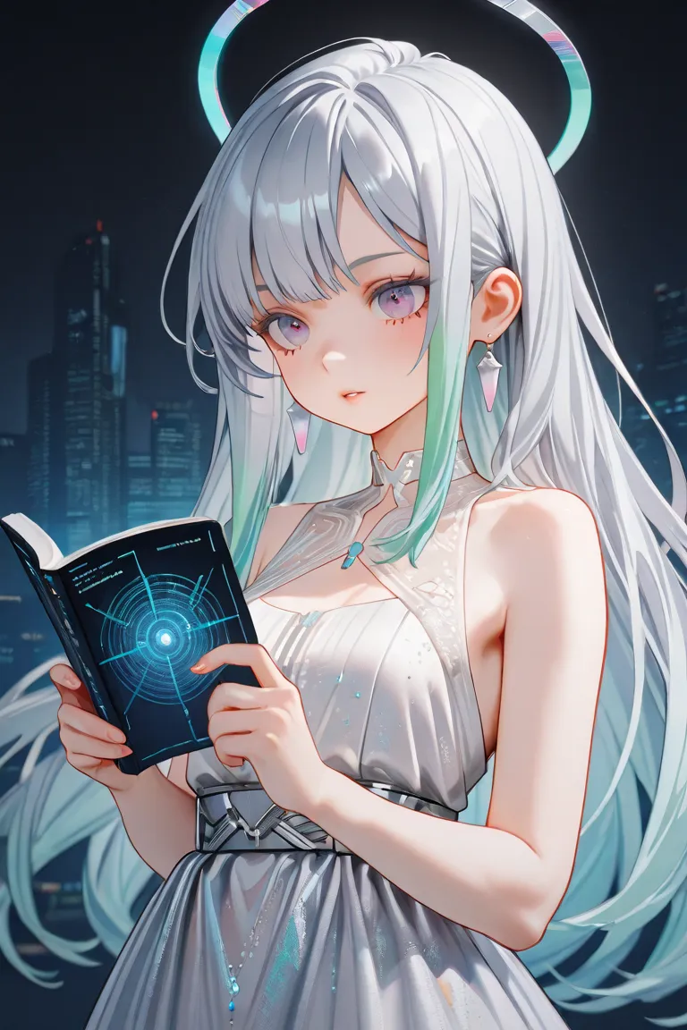 A stunning holographic AI assistant, with a futuristic blue silver and tonal display, Elegant and sophisticated, Dress fashionably, The close-fitting clothing has a glowing digital pattern. Her hair is soft and flowing, with a subtle holographic shine. The...