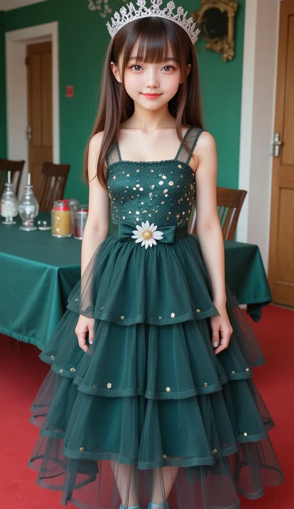 The beautiful girl wore a sleeveless dark green dress decorated with sequins and a multi-layered mesh skirt, at the waist with flowers and a bow as an ornament. Wearing a silver crown, adding elegance, the background has green walls, wooden doors and a tab...