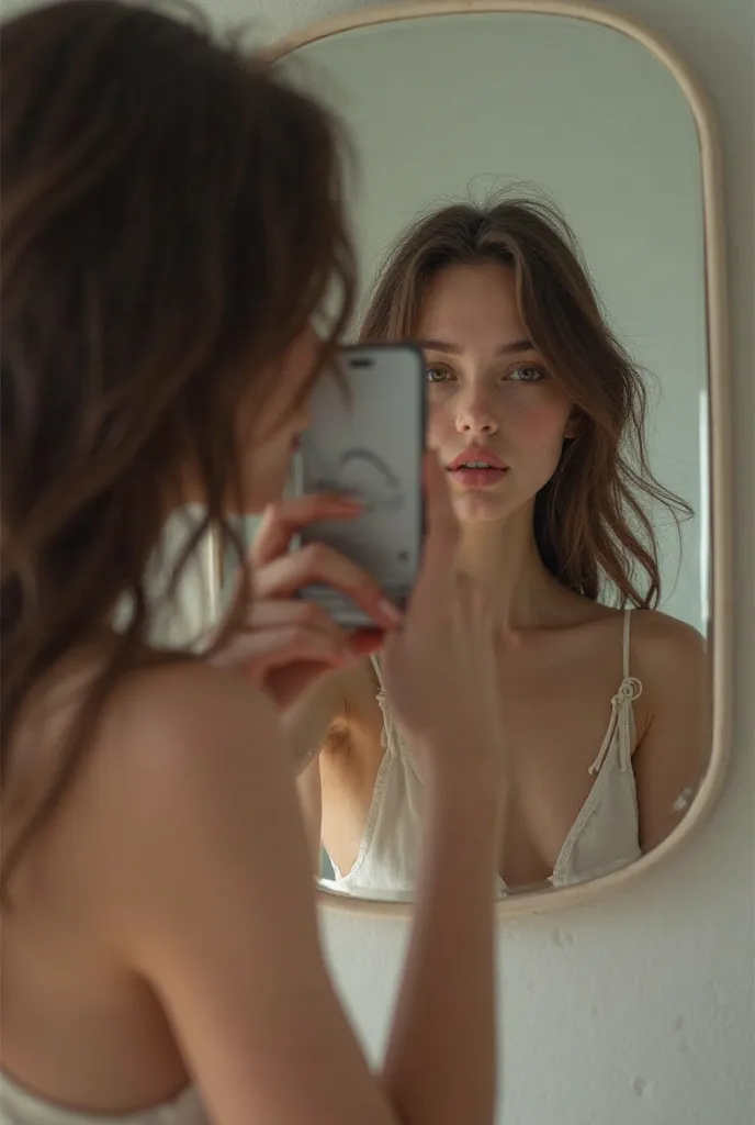 A picture of a girl with her back in the mirror taking the picture herself with the phone in her hand