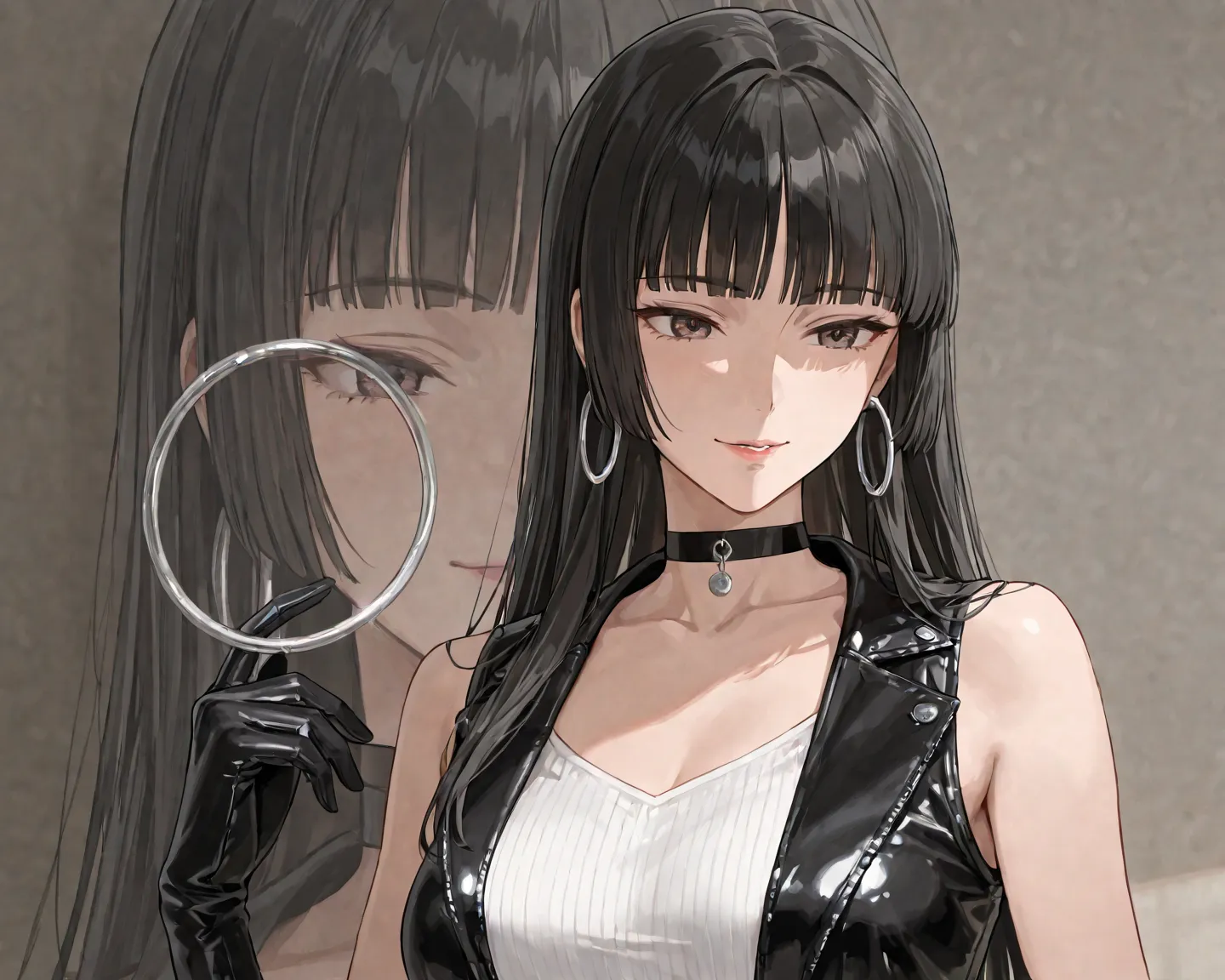 1 woman, adult woman, mature female, mature face, medium breasts, long straight black hair with bangs (hime cut), sleeveless white top, black choker, short black biker gloves, silver hoop earrings, with a short sleeveless leather vest, face zoom