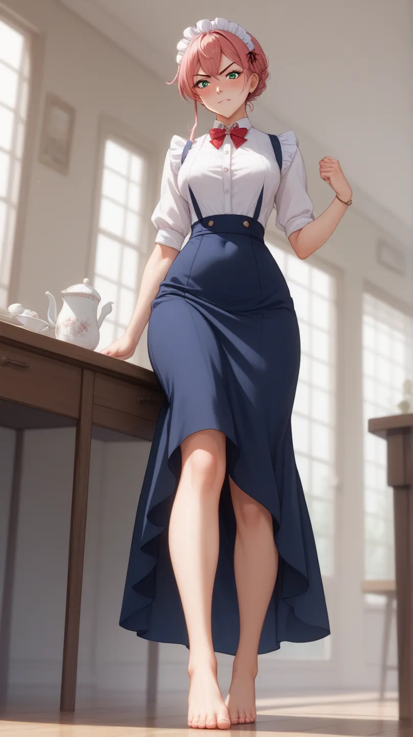 top qualityな顔、top quality、Ultra High Resolution、sexy、top qualityな手、top qualityな指、top qualityな足、woman、full body、 sharp eyes、blush、anger、Glare、bellow、in the morning、view from below、in line of sight、Maid、long skirt、bare feet