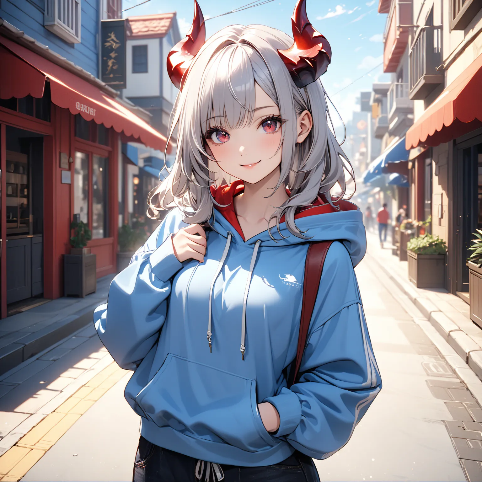  1girl , dragon horn, wavy silver hair, blue and red eyes, casual outfit, fantasy background, soft shadows, high detail、small feathers on the back、 small tail 、 one eye is blue、片目が赤
masterpiece:1.5, masterpiece, 最high quality, Ultra High Resolution, retina...