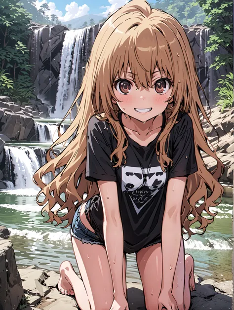 score_9, score_8_up, score_7_up, source_anime,
Taigaisaka, Aisaka Taiga,Alone, long hair, brown hair, brown eyes,ponytail,smile, grin ,Black T-shirt,belly button sticking,Tie the hem of the shirt,denim micro shorts,Bare legs,wet skin,wet hair, wet clothes...
