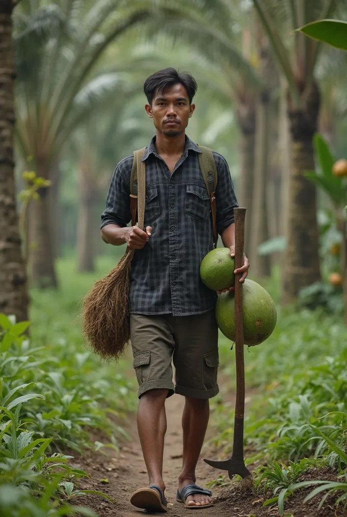 a very handsome oval faced Indonesian man, 25 years old, wearing a dull black checkered shirt and dull shorts, shoes, carrying a coconut, he carries a sickle, there is a sack of coconuts,. forest background, many trees, such as coconut, guava, mango and gr...