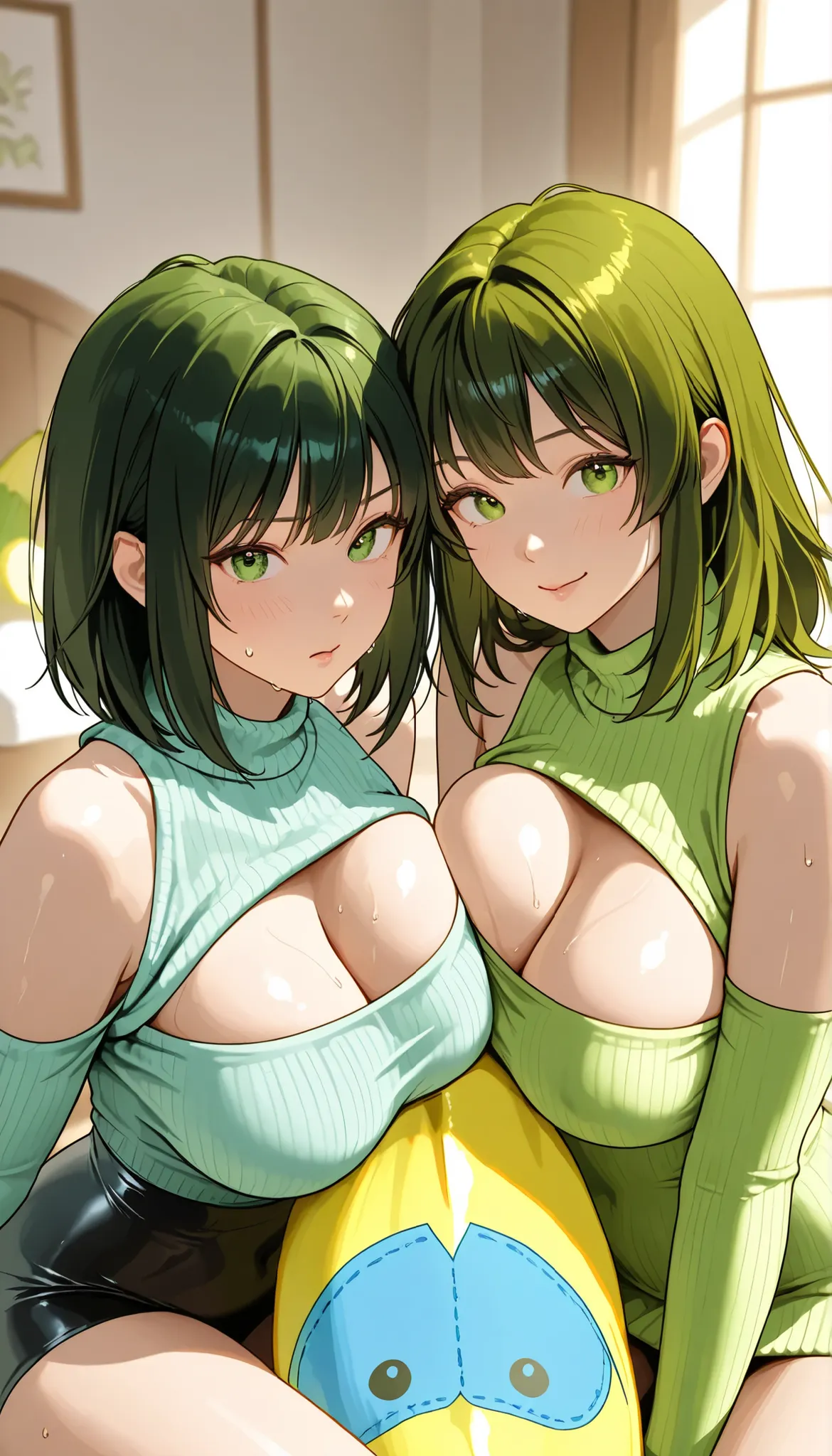 Tabletop, Please redeem, Photorealistic, finely, High resolution, 8K wallpaper, Perfect dynamic composition, ((two sexy Japanese girls in 20 years old wearing (Tight Green Knitwear) sitting against each other)), Beautiful and delicate eyes, Medium Hair, Li...