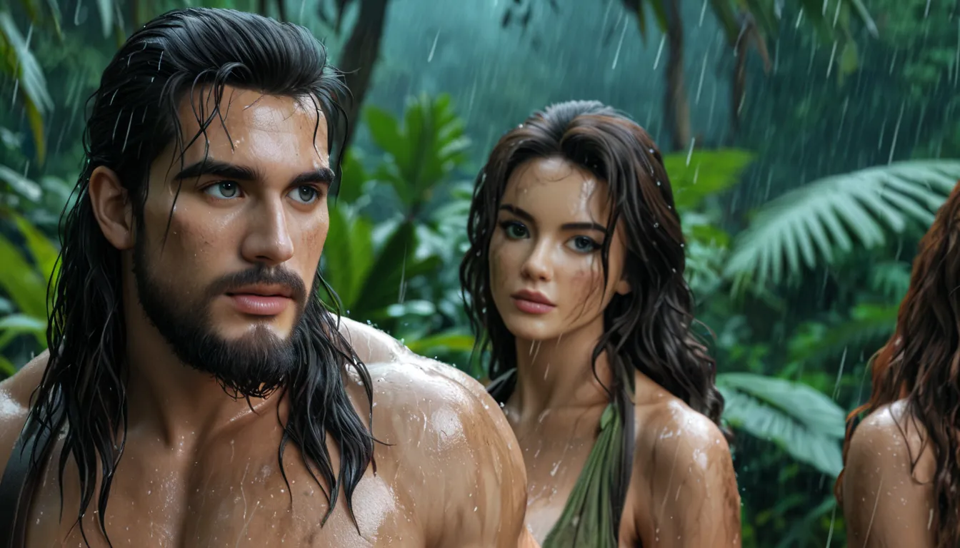 Tarzan, long hair, beard, dirty, close-up shot, cinematic, movie scene, ultra-realistic, walking in a jungle, night time, rain storm, 1980's movie scene