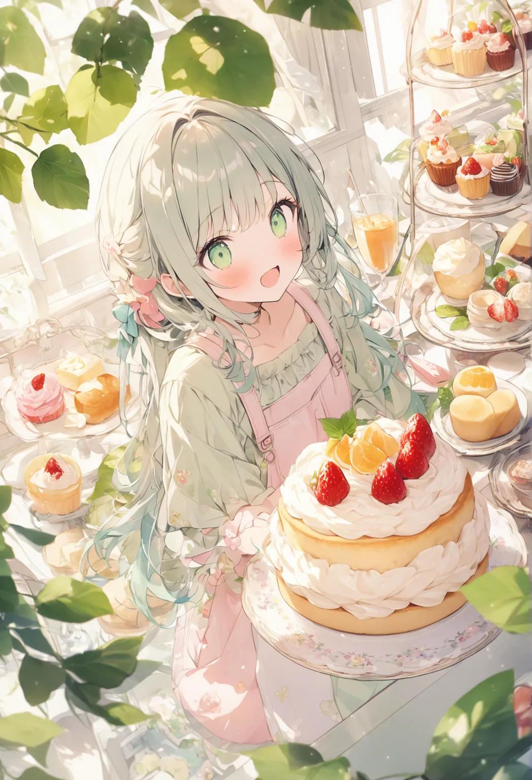 （pastel colors:1.2)、( Cute Illustrations :1.2)、( watercolor:1.2)、white black、 floral 、Green leaves、strawberry, fruit、Shortbread、citric acid、acid、甘acidっぱい、Light Pinkish Green Overall,、Meaningless、bread、cooking、 cupcake 、tiramisu、 Cream Cakes 、candy、 Afterno...