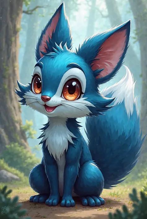 Animal character with blue and black hair from another world, similar to a squirrel and a fox in a cartoonish and simple style 