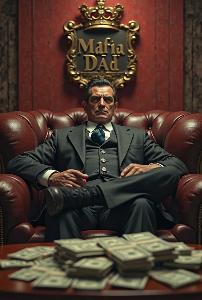 MAFIA DAD SITS ON THE COUCH.There are DOLLARS on the table across from you.It's on the wall at the back "👑 MAFIA DAD👑" IT HAS WRITTEN. realistic