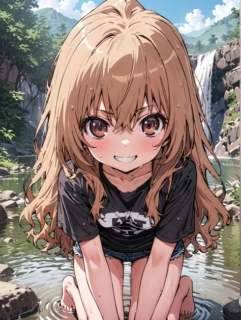 score_9, score_8_up, score_7_up, source_anime,
Taigaisaka, Aisaka Taiga,Alone, long hair, brown hair, brown eyes,ponytail,smile, grin ,Black T-shirt,belly button sticking,Tie the hem of the shirt,denim micro shorts,Bare legs,wet skin,wet hair, wet clothes...