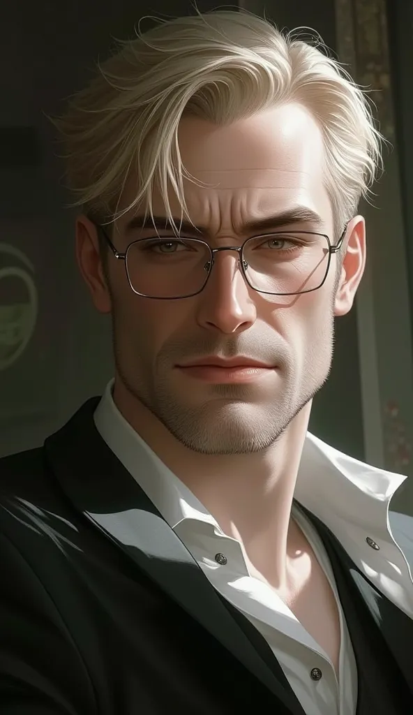 Man, solo, blonde hair, glasses, mature face, upper body, shirt.