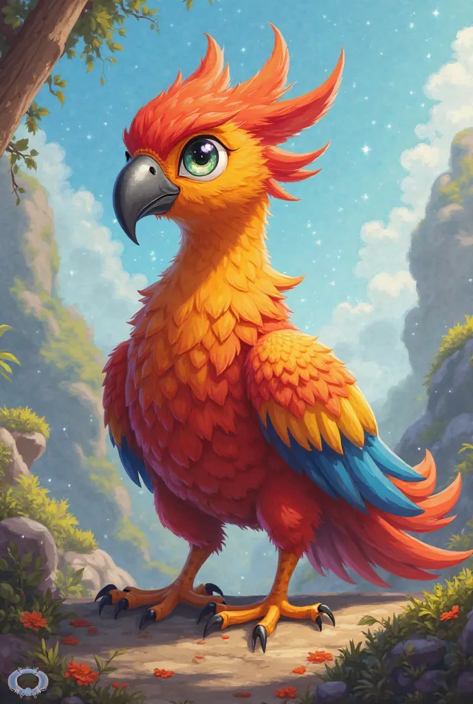 The character is a bird with orange and red feathers from another world, similar to an eagle and a parrot in a cartoonish and simple style 