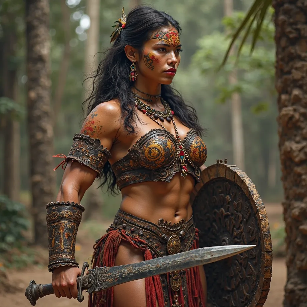 Imagine a powerful Maya warrior woman, standing as an extraordinary figure of strength, beauty, and grace. Her body is a remarkable display of muscle and power, carrying 100 kg of solid muscle, each muscle clearly defined, with not a trace of fat. Every in...