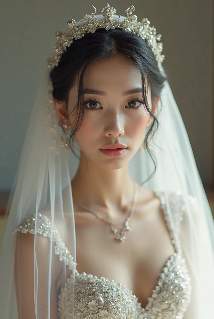 Professional beautiful eyes women in standing condition in veil, Indonesian face, wearing wedding dress, bold makeup 