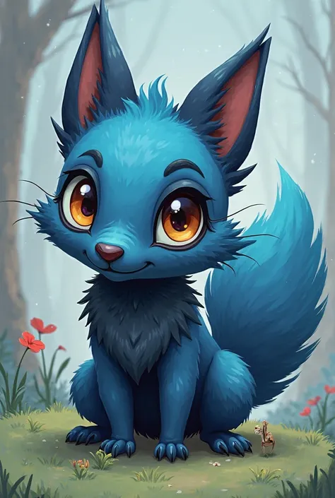 Animal character with blue and black hair from another world, similar to a squirrel and a fox in a cartoonish and simple style 