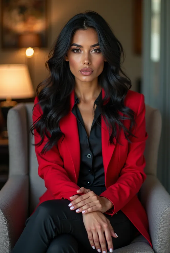 Generate a very realistic and natural photo of a 30-year-old Brazilian woman, Well powdered top model, long wavy black hair and black, light makeup, this would be red blazer black blouse black pants are seated in an elegant and comfortable gray armchair le...