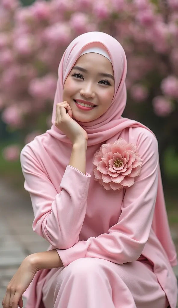 Close-up shot of a beautiful Korean woman in a pink hijab there are accessories A large flower brooch on the bottom of her veil,using a pink swieter and pink culot pants,sits stylishly models her legs on the overlap and her left hand megang chin,sharp eyes...