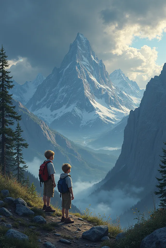 Two boys. Background image black weather mountain beautiful place 