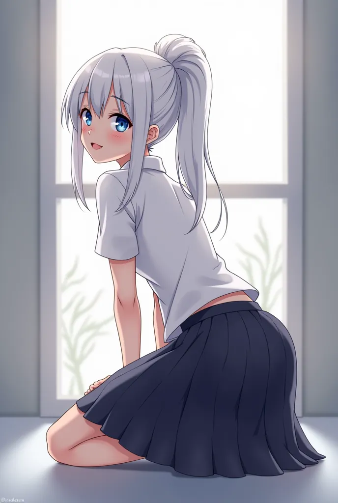 anime girl with white hair and blue eyes posing in a skirt, lit from behind, bending over, perfect white haired girl, silver hair (ponytail), shikamimi, kantai collection style, beautiful anime girl squatting, from girls frontline, white haired, thicc, , w...