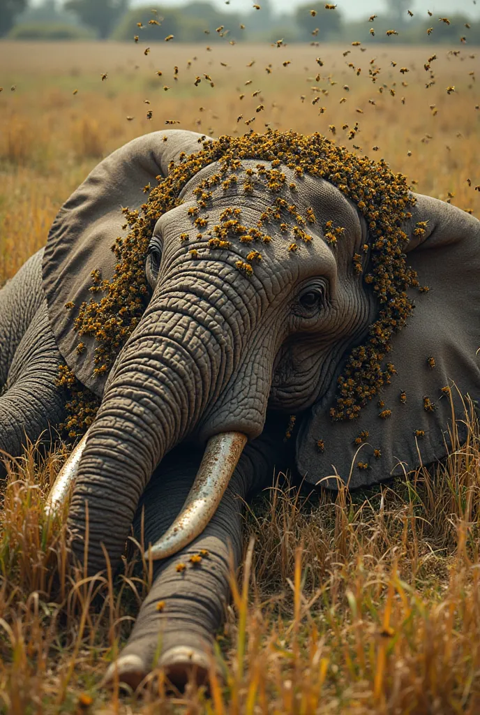 "A gigantic African elephant lies collapsed in a grassy field, completely consumed by an overwhelming swarm of billions of massive yellow and black bees. Its entire body is buried under the insects—no skin is visible, only a writhing mass of stinging creat...