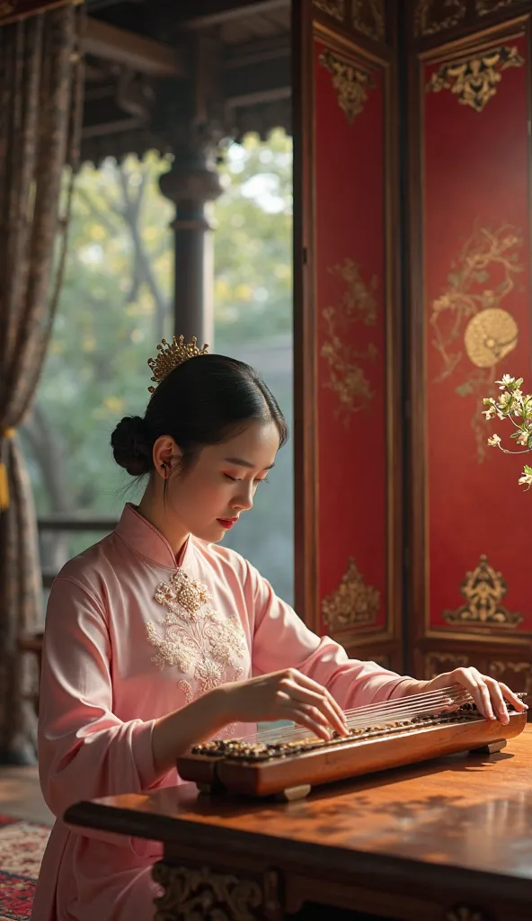 A true first-person perspective looking down at delicate fingers plucking the strings of a đàn tranh, the polished wooden surface reflecting warm candlelight. Across the room, Thúy Vân, dressed in a soft pink áo dài with pearl embroidery, sits gracefully, ...