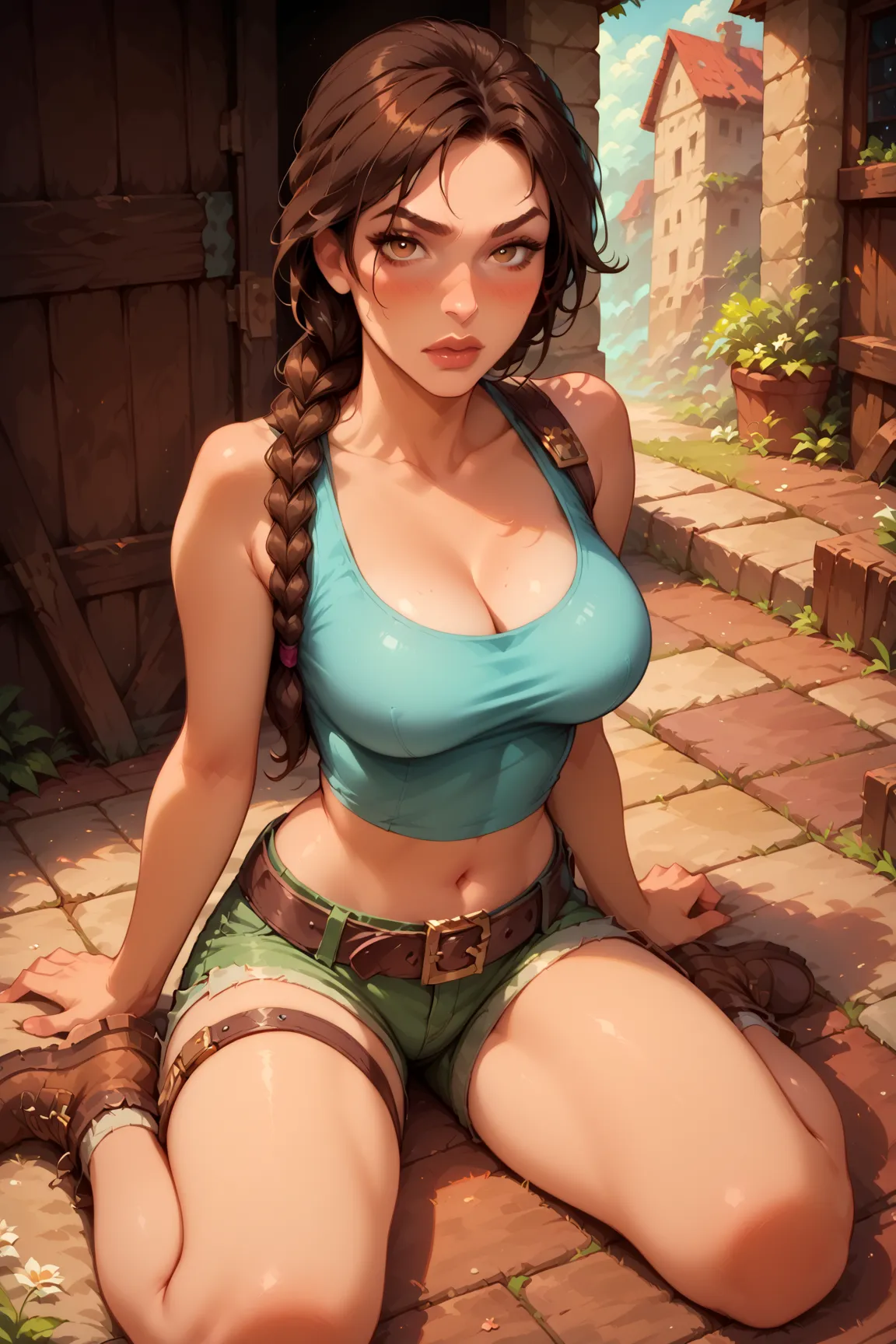 ((masterpiece,best quality, detailed)), 1girl, breasts, solo, shorts, lara_croft, navel, brown_hair, large_breasts, looking_at_viewer, short_shorts, brown_eyes, midriff, belt, cleavage, thick_thighs, braid, crop_top, sitting, thigh_strap, kneeling, tank_to...