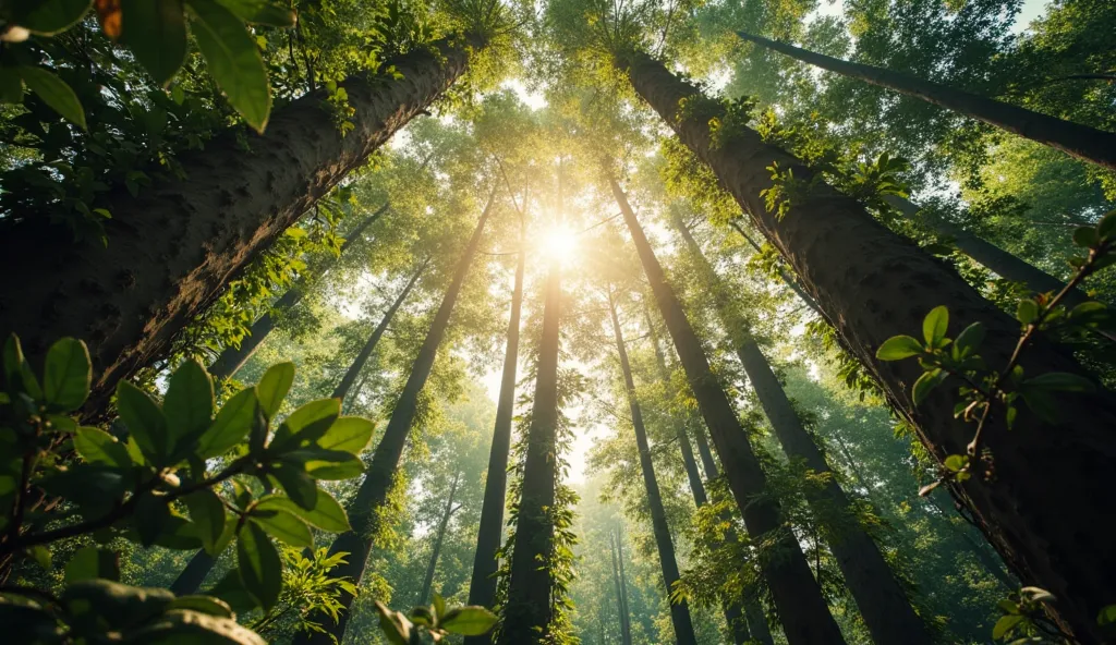 A mesmerizing POV shot of a dense jungle canopy, where sunlight gently filters through the tall trees. Leaves sway softly in the breeze, creating a dynamic interplay of light and shadow on the forest floor. Some leaves slowly drift down, catching the golde...