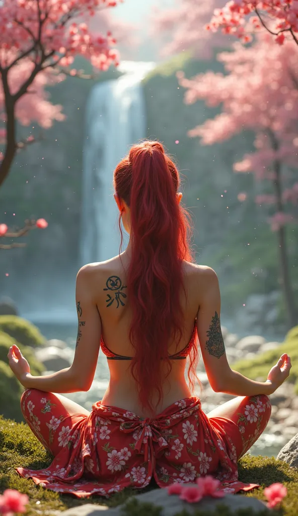 A magical forest clearing with blooming sakura trees, where an attractive sexy girl with curvaceous forms, long red flowing hair and several small colored tattoos on her arms and collarbones, dressed in revealing vintage Japanese festive clothes, meditates...