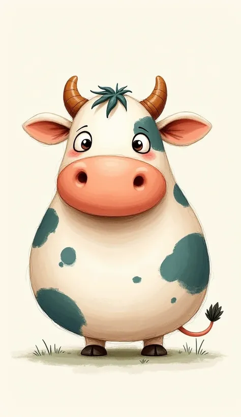 A simple, wobbly-line drawing of a cow with large eyes and a funny round body. It looks like it was drawn by a small , with bright, uneven coloring.”