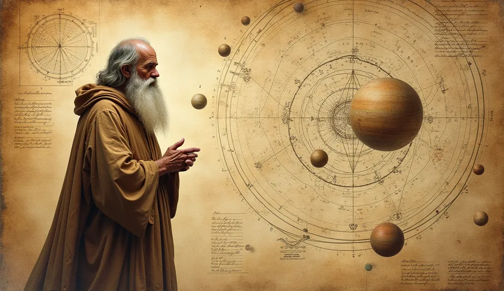 A wise, ancient-looking bearded man in a flowing robe, standing in deep thought against a parchment-colored background filled with intricate celestial maps, planetary orbits, and handwritten annotations. The artwork has a vintage, hand-drawn style, resembl...