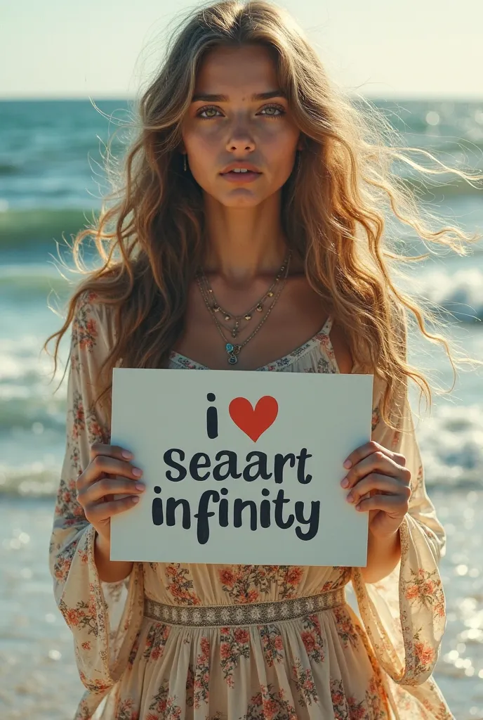 {x} A beautiful girl with long wavy hair is wearing a bohemian dress, "I Love Seaart Infinity"and showing it to the audience