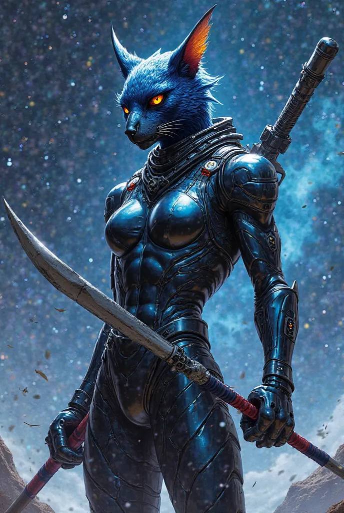 2D Comic: bounty hunter/ninja as a thunderbird-cheetah with a black/blue spacesuit. He wields steel bō staff.