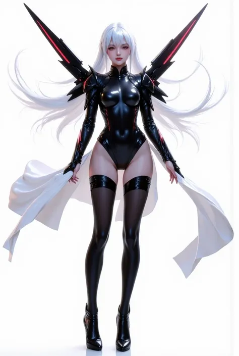 Create an anime-style character with long white hair and red eyes. The character is wearing a sleek black full body catsuit and long black sleek long half skirt. Costume has dark red accents on the shoulders armor and red led on armor. The outfit has a mod...