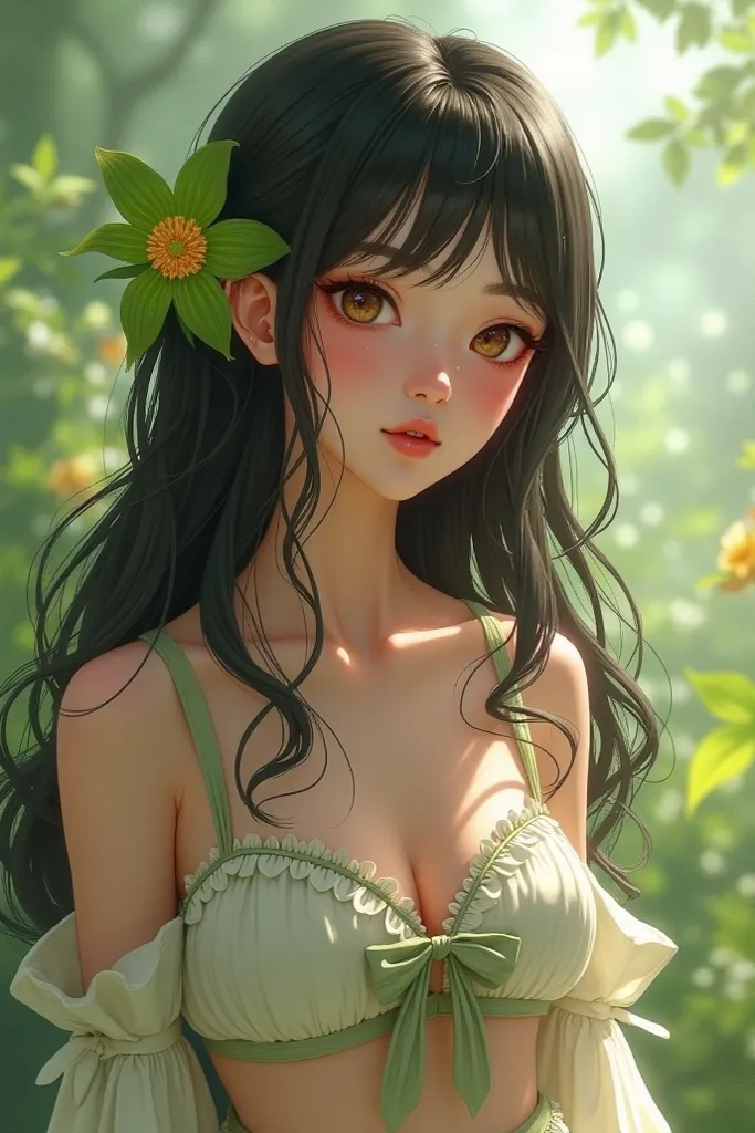 A slim white girl with black hair, a green flower tucked behind her ear, and black-brown honey eyes, wearing a bikini-style top with floral ribbon details at the bottom and a tying cord, along with a long, short-layered frock.
