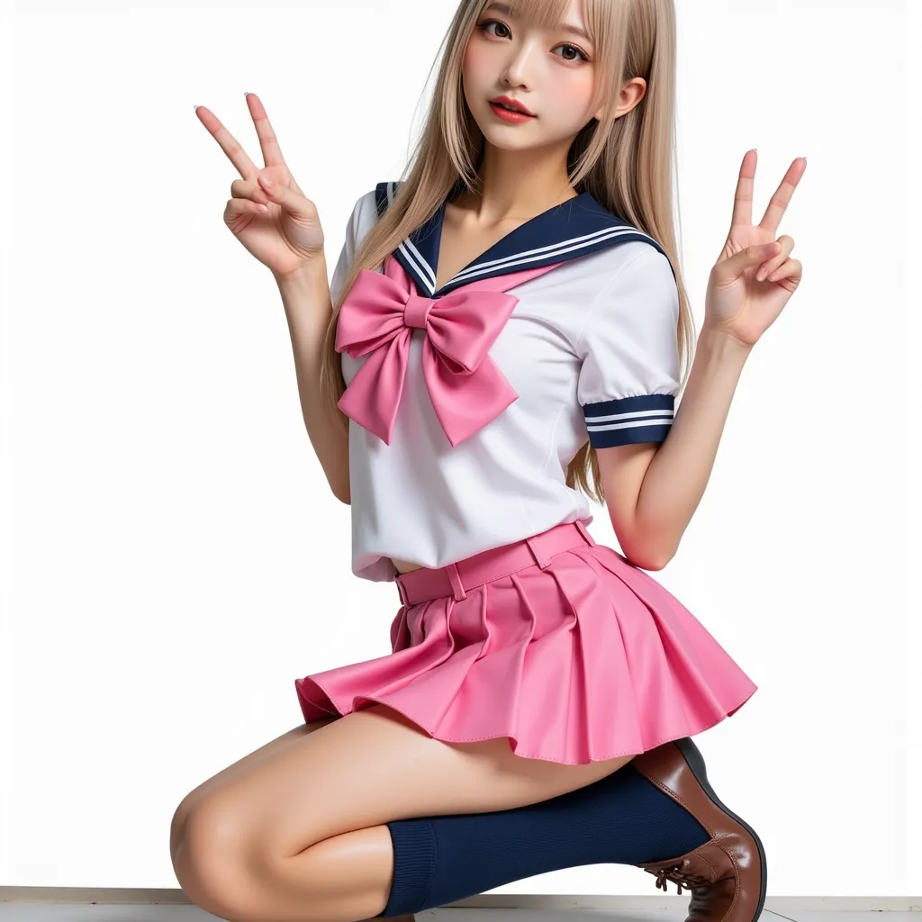 #Character.
Blonde, long hair, bangs, tanned, narrow eyes, dark brown eyes, thin eyebrows, supermodel, slender, thin waist, toned, small hips, thin legs, thin thighs, medium breasts,
#Dress.
Uniform, seraphook, white sailor uniform collar with accent line,...