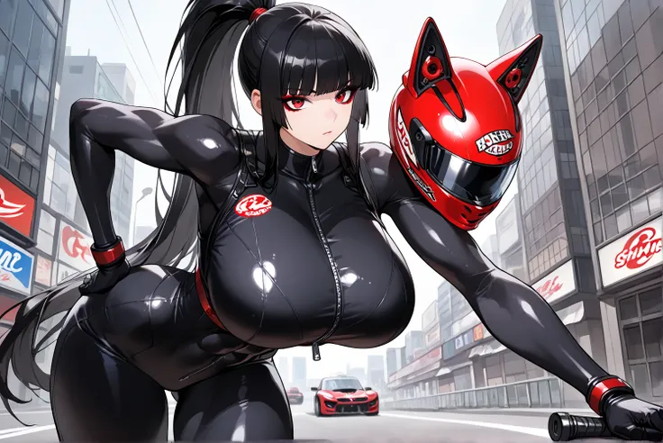 One Girl , she wears her long black hair in a high ponytail , hime cut , sidelocks , bangs , Athletic body , huge breasts , She wears a black sports bra under a black bodysuit with a zipper in the front for motorcycle racing , tall , posing , cool , Punk ,...