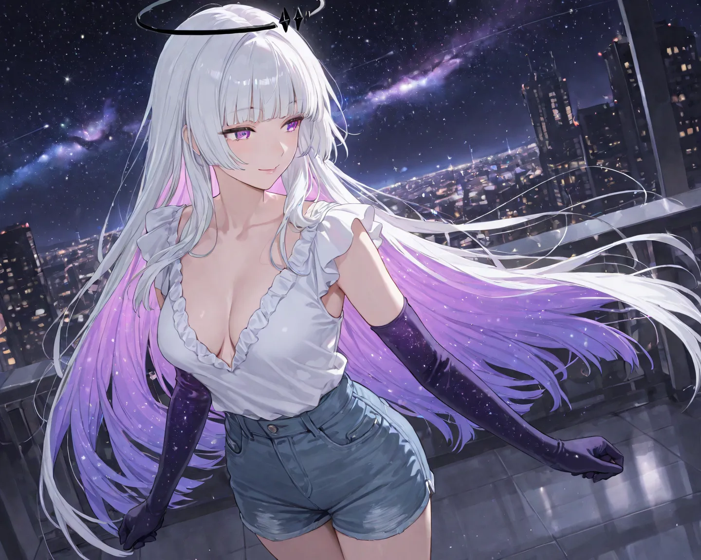 1 woman, adult woman, mature female, mature face, super long floor length straight white hair with bangs and with the ends dyed in a galaxy color (hime cut), white_blouse, shorts jeans , a black halo behind her head, from the arms to the hands the skin has...