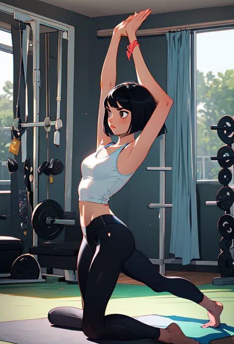 score_9, score_8_up, score_7_up, score_6_up, solo, woman, sleek, asymmetrical bob cut, straight hair, jet black hair, yoga, yoga pants, tank top, yoga mat, stretching, inside gym