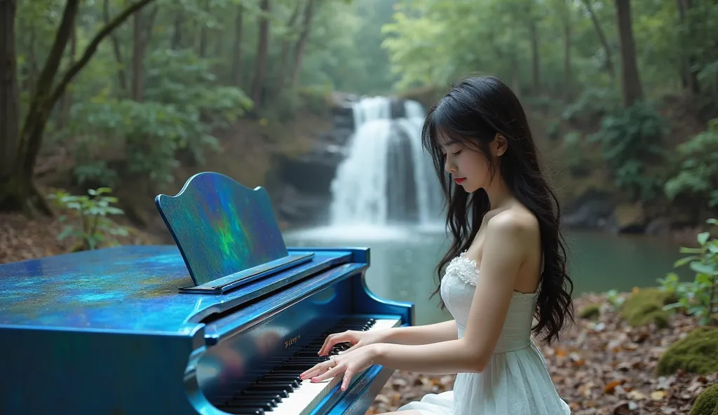 professional real photo of a beautiful 19-year-old Korean girl, sexy face, a high resolution play piano, Big nipples hard erect inside clothes facial flatulently detailed skin, long black hair, wearing casual clothes, pale skin, Clothes with fluffy cleavag...