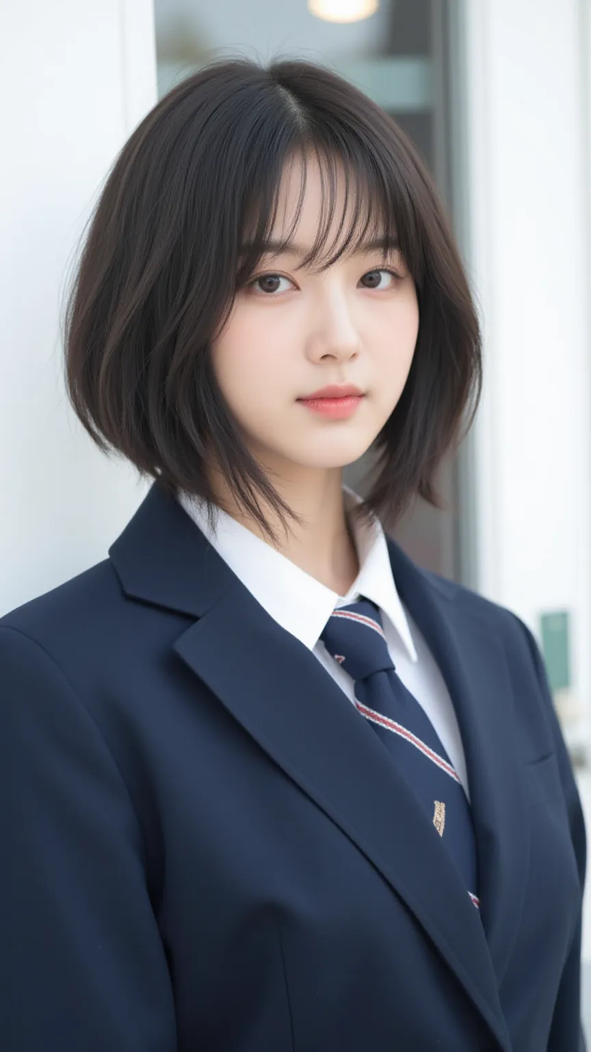 Alone,  1 girl,  (((live-action))), high image quality , masterpiece,  human anatomically accurate,  best quality,  Ultra High Precision,  textured skin ,  8k octane, woman、 172cm, (((high school uniform blazer))), (((Simple white background))),   (((hair ...