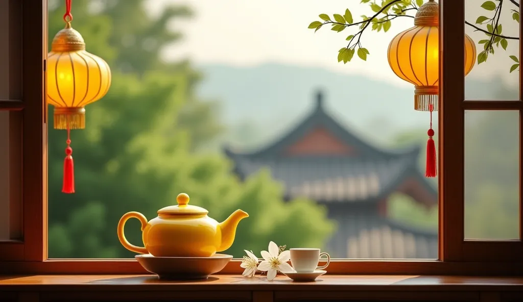 A beautifully crafted yellow teapot sits elegantly on a wooden windowsill, accompanied by delicate white plum blossoms. Hanging from the window frame are golden lanterns with red tassels, casting a warm, inviting glow. The soft green hues of the foliage ou...