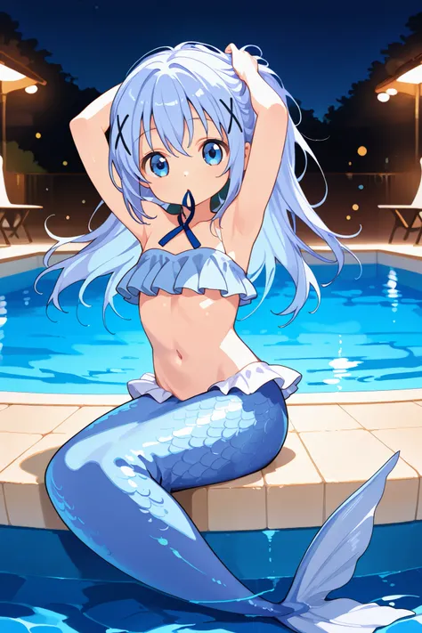 1girl, blue eyes, chino_kafuu, periwinkle colored hair, long hair, tiny, cute, ((mermaid, light blue tail)), (light blue frills), sitting, submerged, on poolside, pool, indoor, water splashes, looking at viewer, adjusting hair, tying up hair, push one's ha...