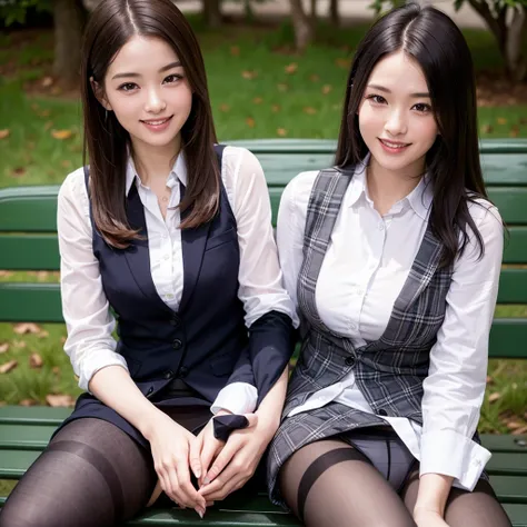  ulchan-6500-v1.1, (RAW photo:1.2), (photoreal), (Genuine:1.4),perfect anatomy、Women in their 30s、look at the camera、medium long hair、 Plaid Vest 、((sit on the bench:1.3,spread legs,panty shot))、(super realistic pantyhose:1.2), (high heels)、(Business Servi...