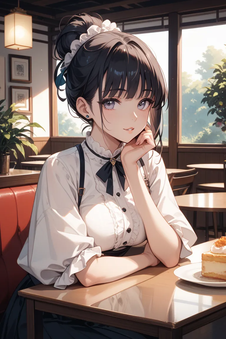 A small, dimly lit café during the evening. The Japanese woman in her 30s with long, dark hair tied in a soft bun, wearing a modest yet slightly fitted blouse and skirt sits at a table, her posture defensive, as the café owner leans over her, his expressio...