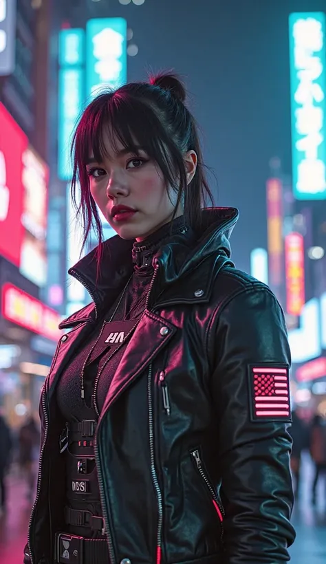 Imagine a full-body, cybernetic woman in the style of the USA, with a powerful futuristic exoskeleton, neon accents, and a leather jacket. Background – a high-tech metropolis with holographic advertisements.