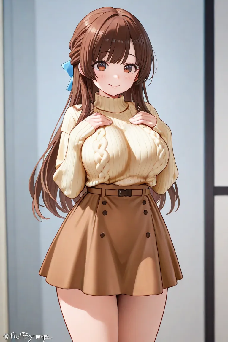 name：Older sister（special presence ）
Hair Color：soft milk tea brown
Hairstyle：long hair around the chest（ fluffy＆ kind atmosphere）
Eye color：gentle amber
Clothes：Knitted sweaters and skirts（has a calm color、style that makes you feel inclusive）
Body Type：Pr...